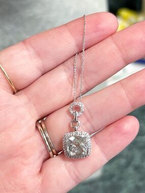 14kt White Gold, Cushion Cut Prasiolite with Natural Diamond Halo Necklace